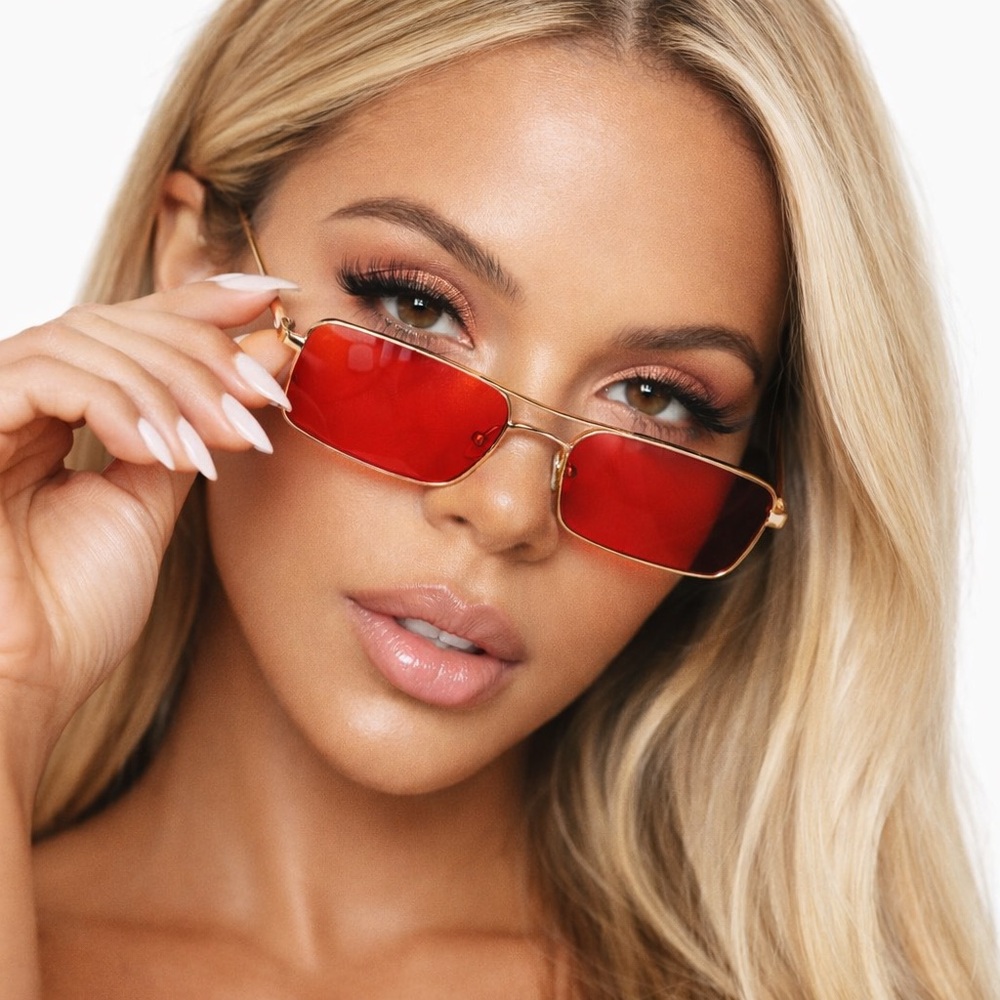 Gold Frame Rectangular Sunglasses with Red Lenses - Women